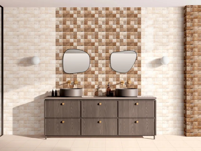 Sleek furniture with soft neutral tiles for modern beige bathroom